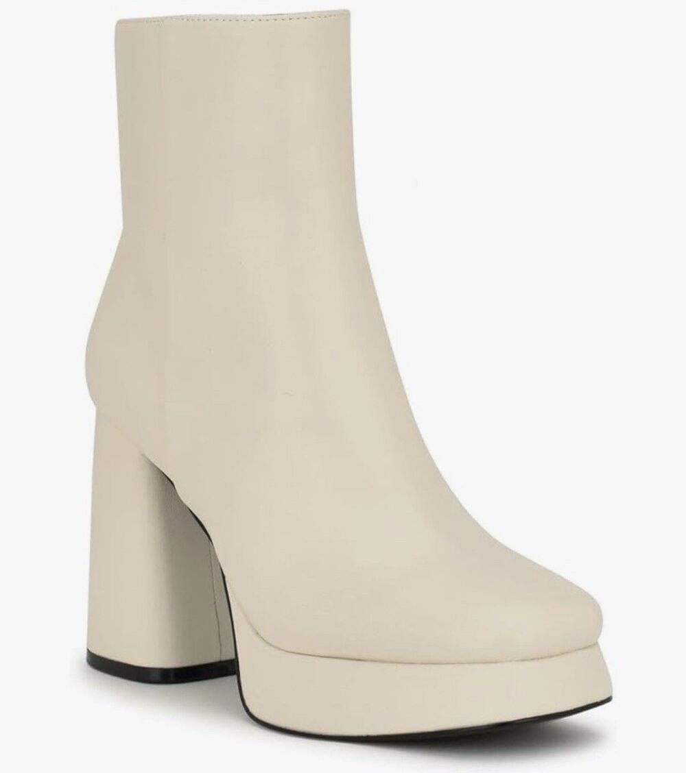 Nine West 7.5 Bootie Velo3 Ivory Platform Faux Leather Ankle Boots NIB